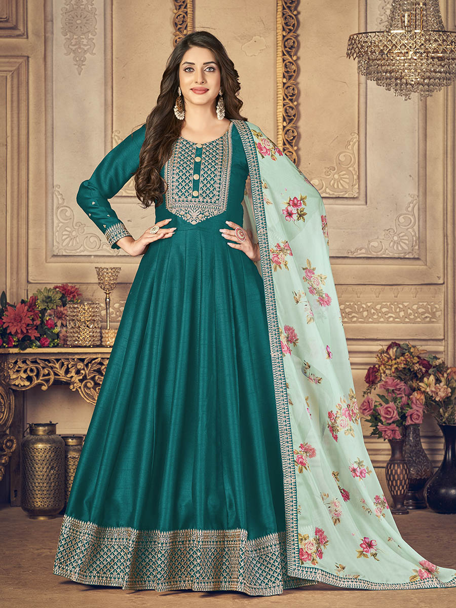 Myra Rama Green Silk Slub Embroidered Anarkali Suit