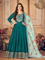 Myra Rama Green Silk Slub Embroidered Anarkali Suit
