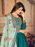 Myra Rama Green Silk Slub Embroidered Anarkali Suit
