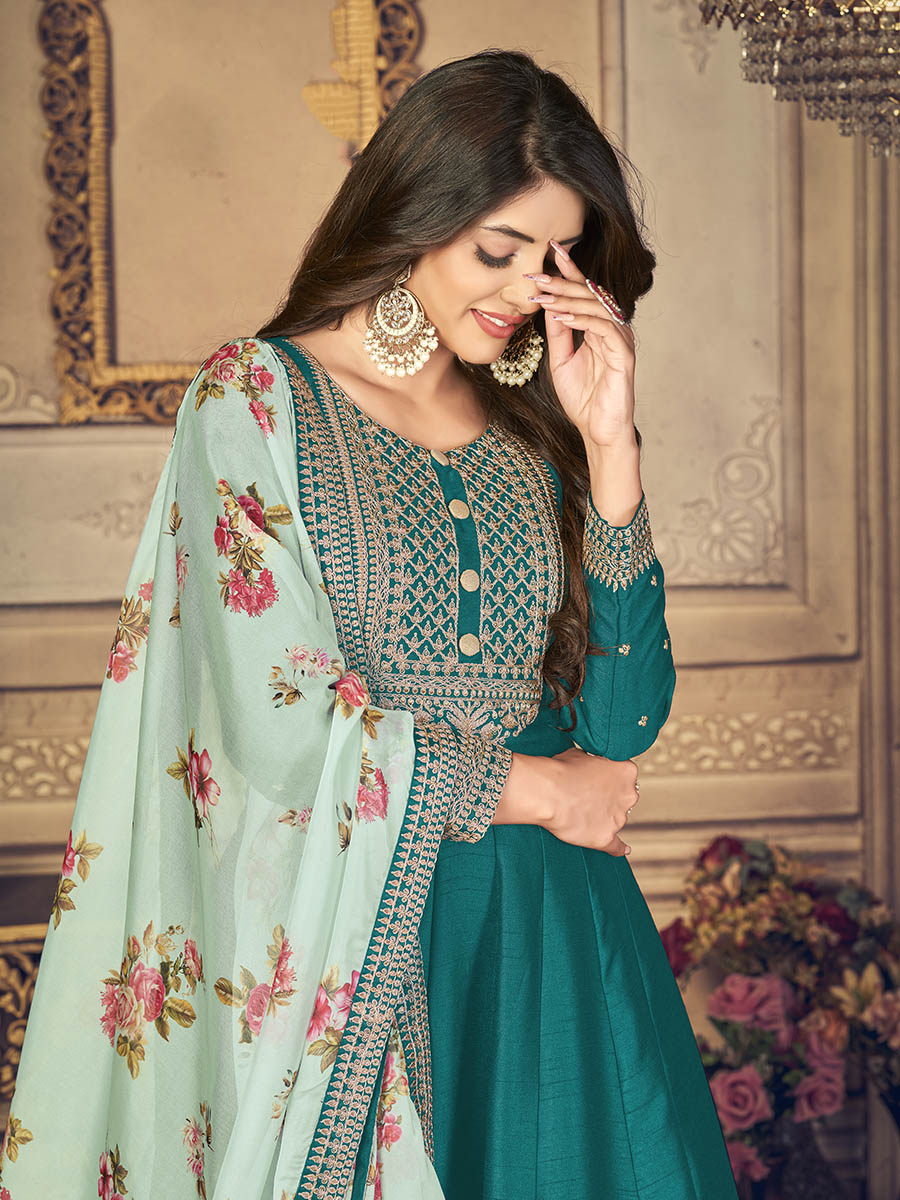 Myra Rama Green Silk Slub Embroidered Anarkali Suit