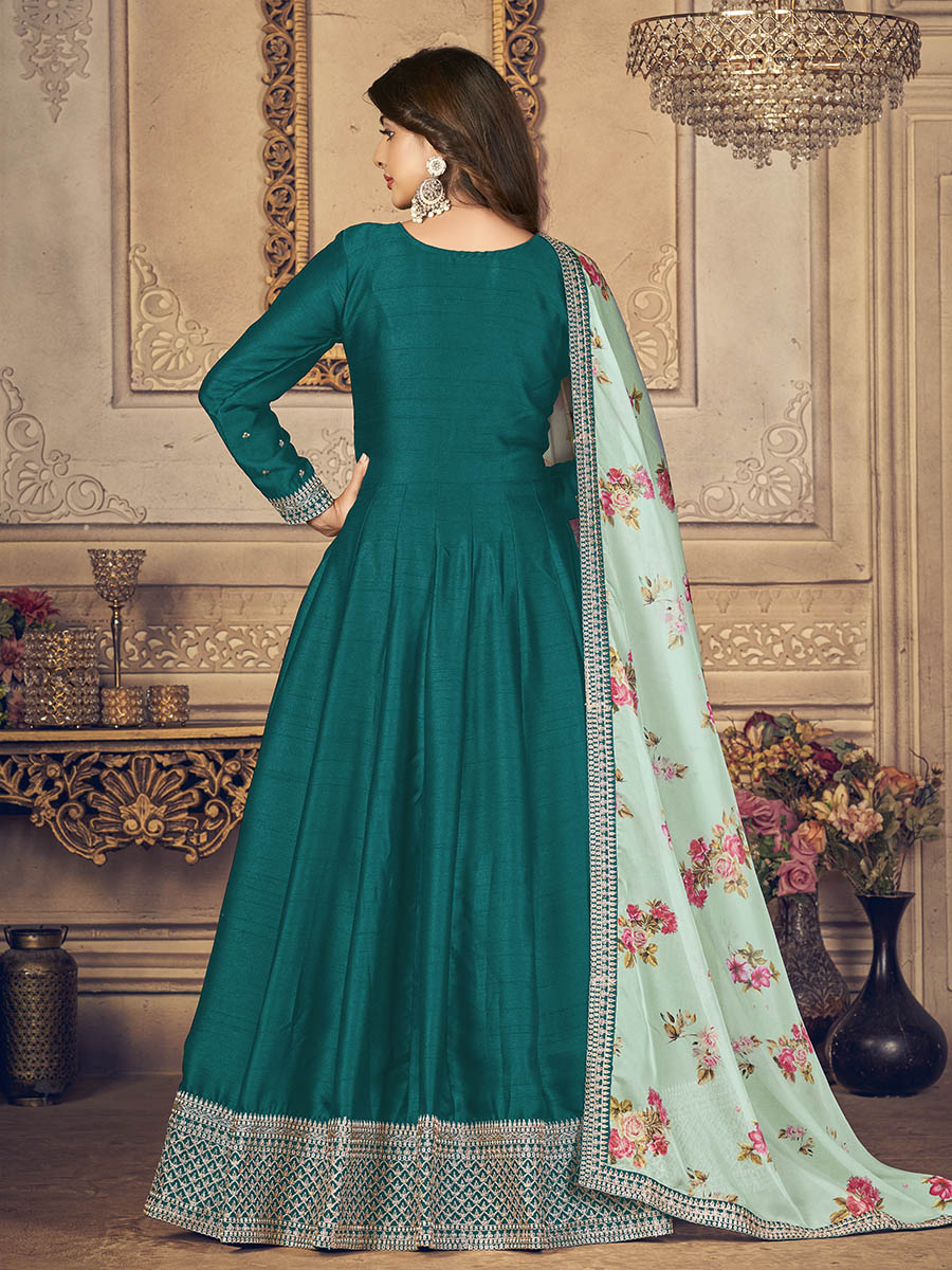 Myra Rama Green Silk Slub Embroidered Anarkali Suit