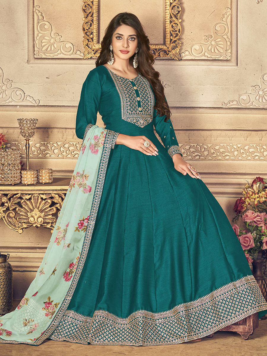 Myra Rama Green Silk Slub Embroidered Anarkali Suit