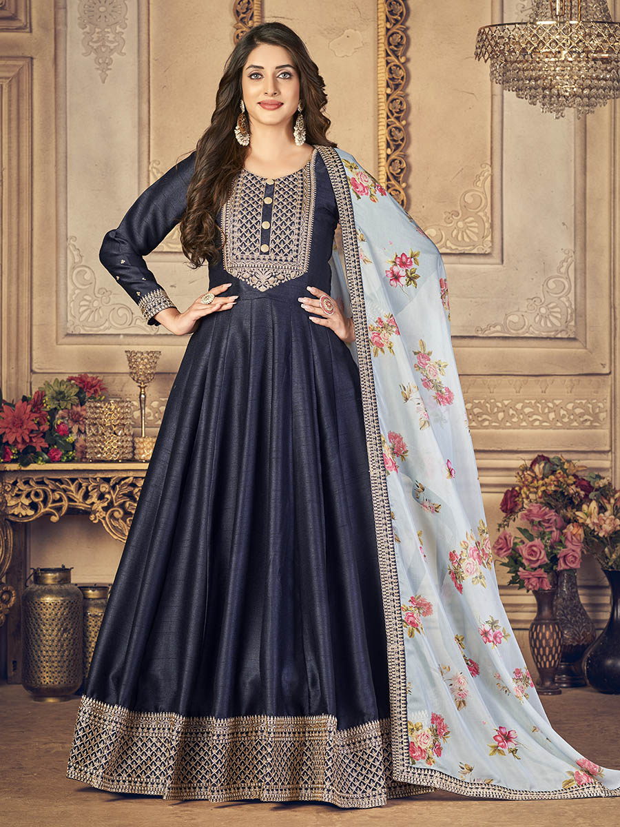 Myra Navy Blue Silk Slub Embroidered Anarkali Suit