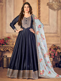 Myra Navy Blue Silk Slub Embroidered Anarkali Suit