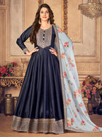Myra Navy Blue Silk Slub Embroidered Anarkali Suit