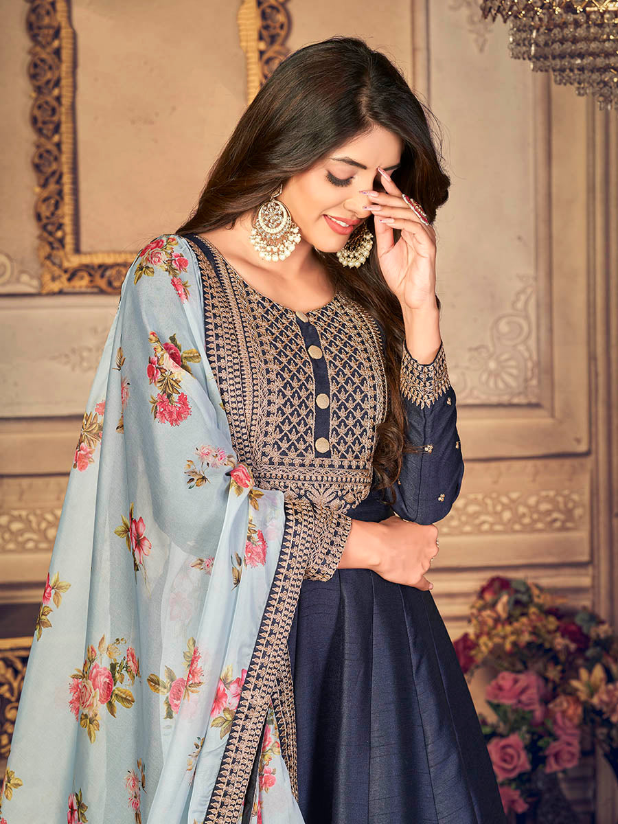 Myra Navy Blue Silk Slub Embroidered Anarkali Suit