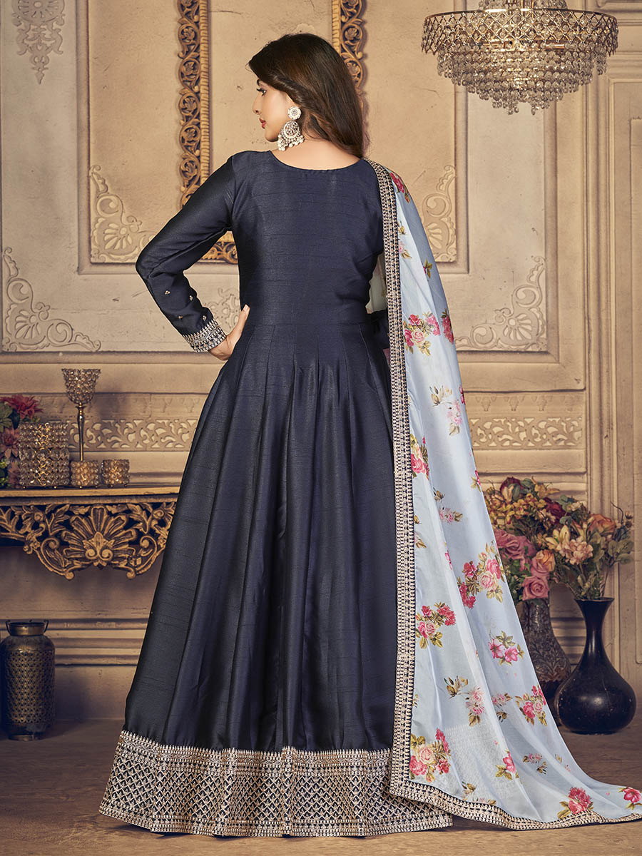 Myra Navy Blue Silk Slub Embroidered Anarkali Suit