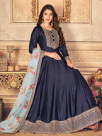 Myra Navy Blue Silk Slub Embroidered Anarkali Suit
