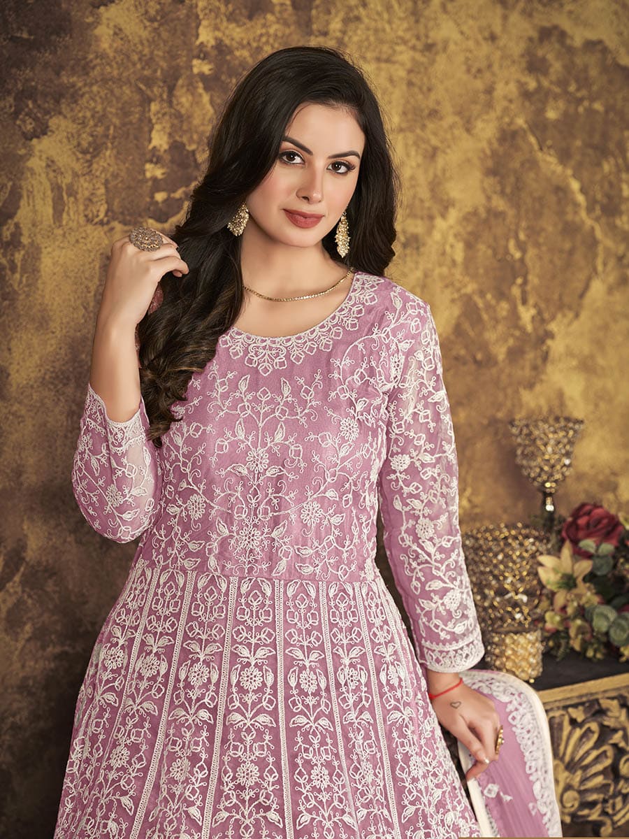 Myra Dusty Pink Butterfly Net Embroidered Anarkali Suit