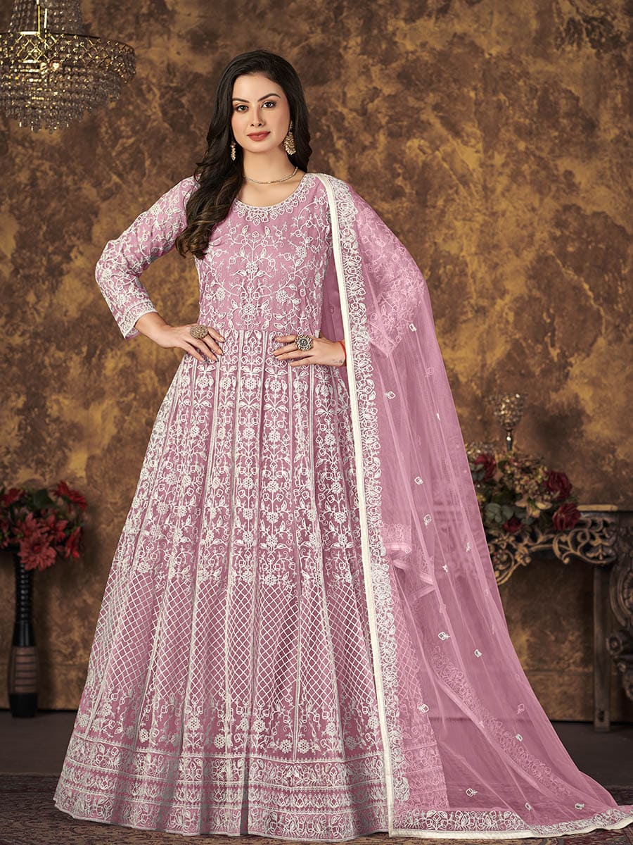 Myra Dusty Pink Butterfly Net Embroidered Anarkali Suit