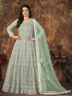 Myra Dusty Pista Butterfly Net Embroidered Anarkali Suit