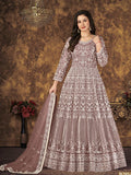 Myra Dusty Brown Butterfly Net Embroidered Anarkali Suit