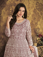 Myra Dusty Brown Butterfly Net Embroidered Anarkali Suit
