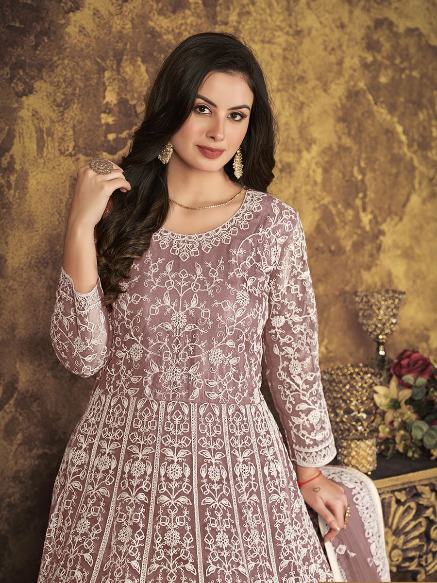 Myra Dusty Brown Butterfly Net Embroidered Anarkali Suit