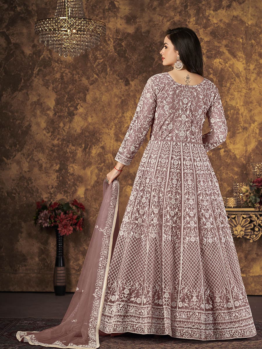 Myra Dusty Brown Butterfly Net Embroidered Anarkali Suit