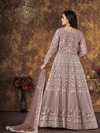 Myra Dusty Brown Butterfly Net Embroidered Anarkali Suit