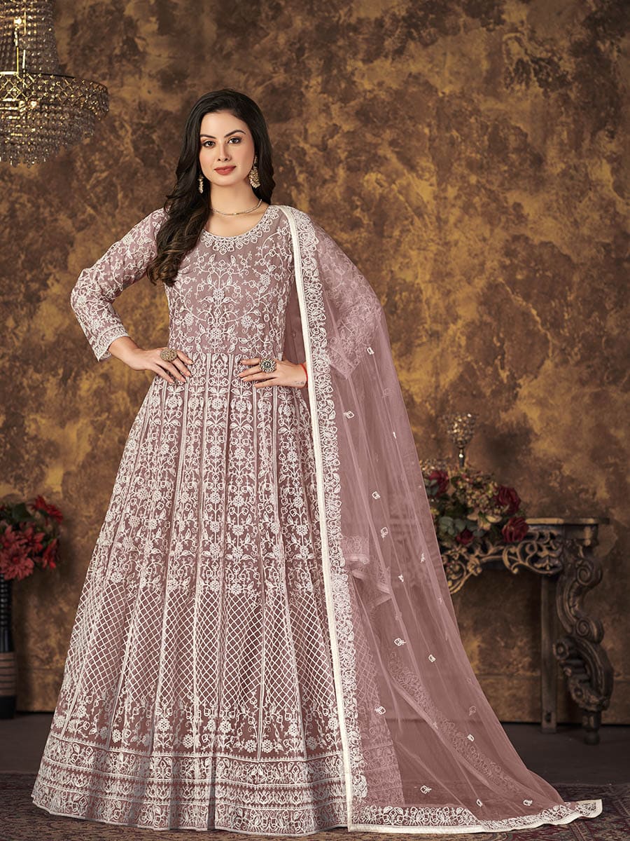 Myra Dusty Brown Butterfly Net Embroidered Anarkali Suit