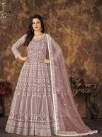 Myra Dusty Brown Butterfly Net Embroidered Anarkali Suit