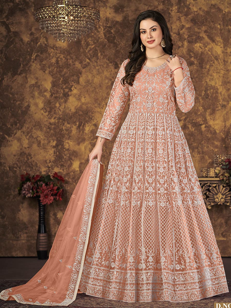 Myra Dusty Peach Butterfly Net Embroidered Anarkali Suit