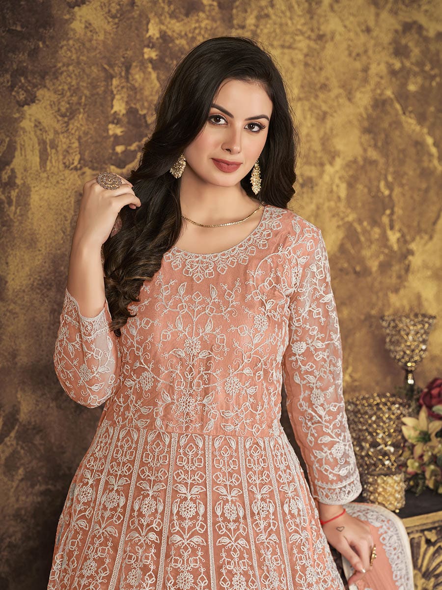 Myra Dusty Peach Butterfly Net Embroidered Anarkali Suit