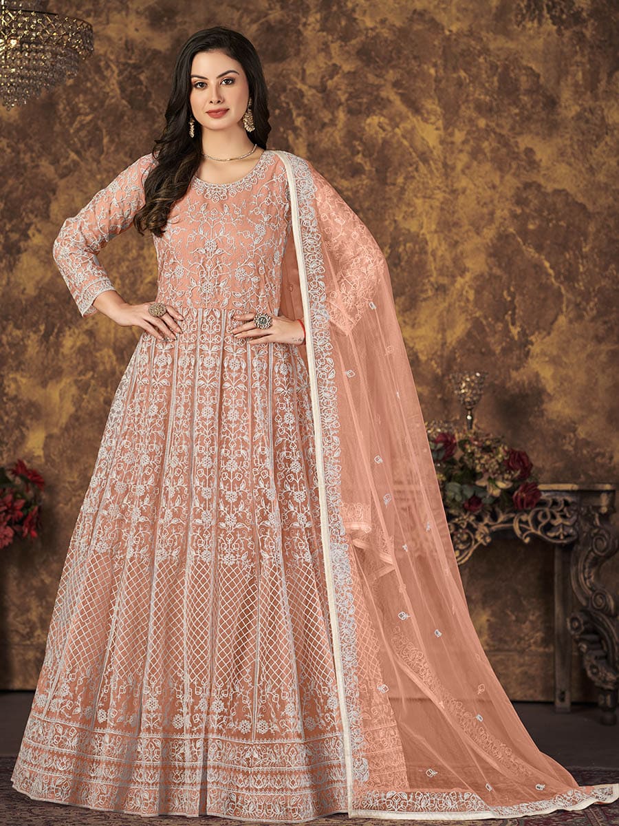 Myra Dusty Peach Butterfly Net Embroidered Anarkali Suit