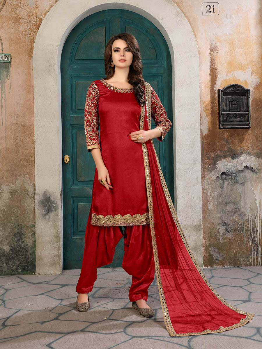 Myra Red Art Silk Real Glass Work Suit