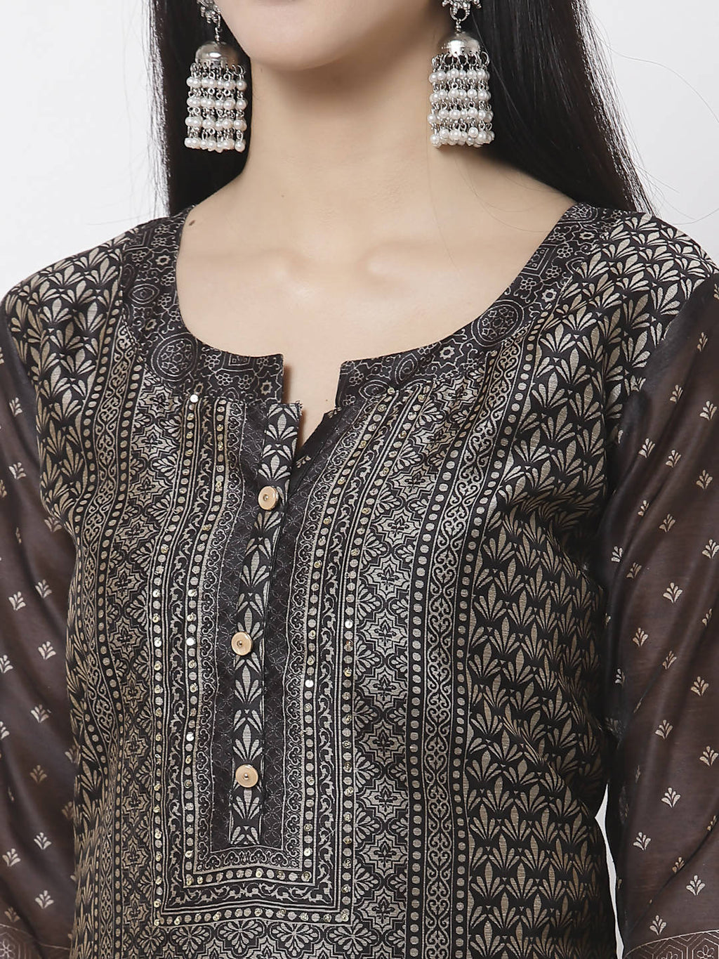 Myshka Black Chanderi Silk Embroidered 3/4 Sleeve Round Neck Kurta Pant Dupatta Set