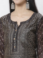 Myshka Black Chanderi Silk Embroidered 3/4 Sleeve Round Neck Kurta Pant Dupatta Set