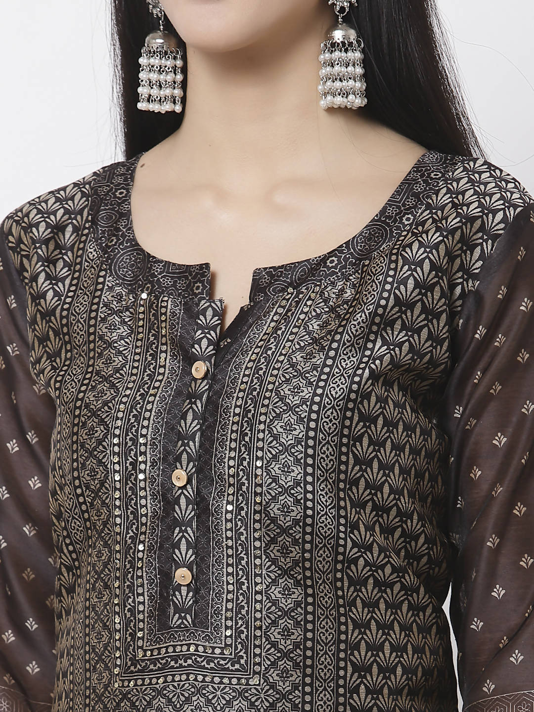 Myshka Black Chanderi Silk Embroidered 3/4 Sleeve Round Neck Kurta Pant Dupatta Set