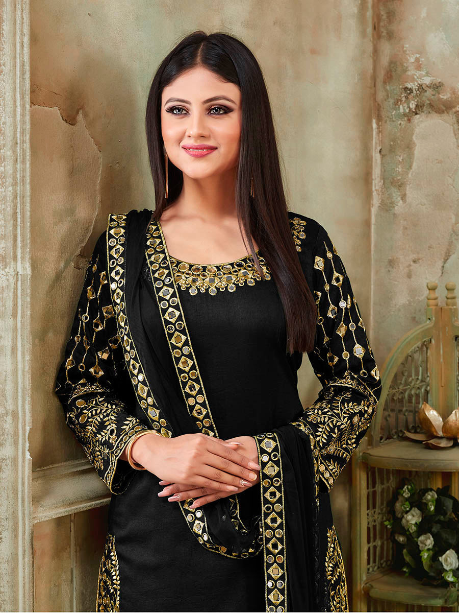 Myra Black Art Silk Real Glass Work Suit