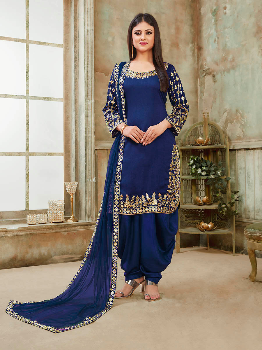 Myra Royal Blue Art Silk Real Glass Work Suit