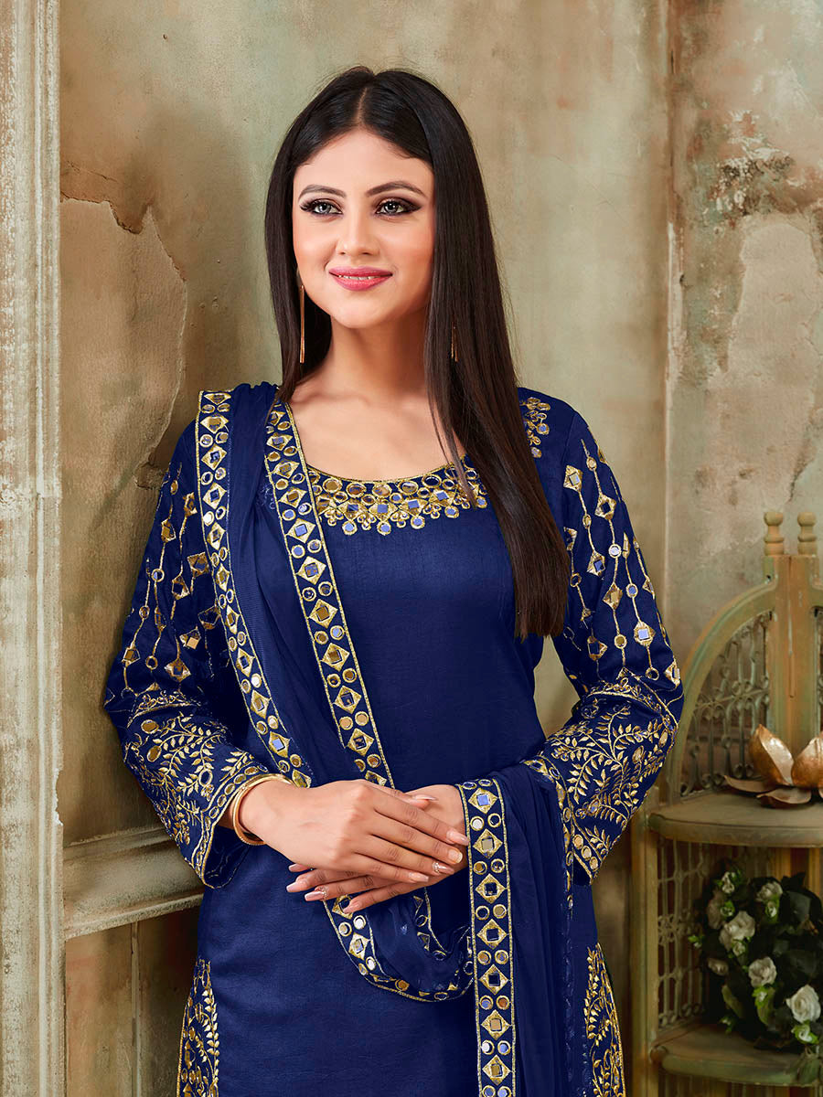 Myra Royal Blue Art Silk Real Glass Work Suit