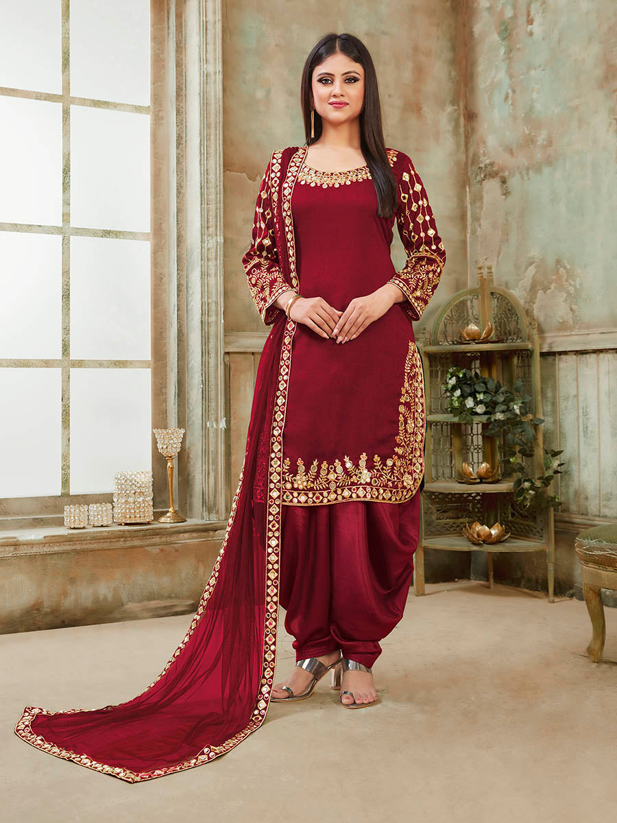 Myra Red Art Silk Real Glass Work Suit