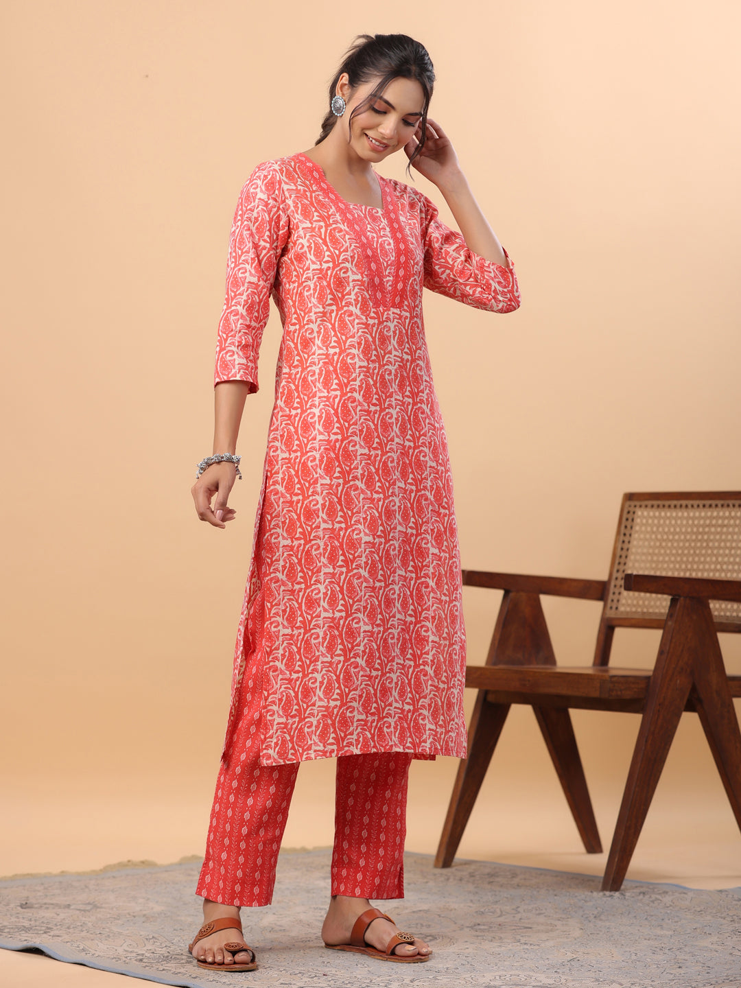 Janasya Regular Poly Cotton Red Printed Square Neck Set