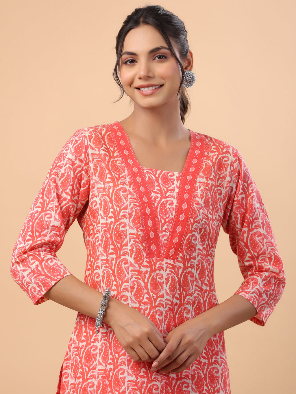 Janasya Regular Poly Cotton Red Printed Square Neck Set