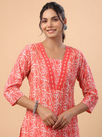 Janasya Regular Poly Cotton Red Printed Square Neck Set