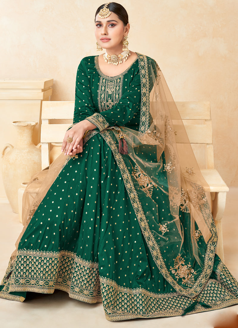 Vegaa Fashion Designer Green Tafeta Silk Embroidery Anarkali Suit - Distacart