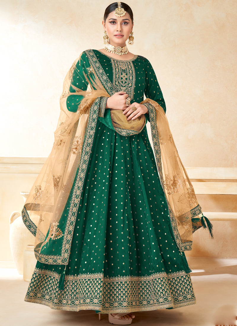 Vegaa Fashion Designer Green Tafeta Silk Embroidery Anarkali Suit - Distacart