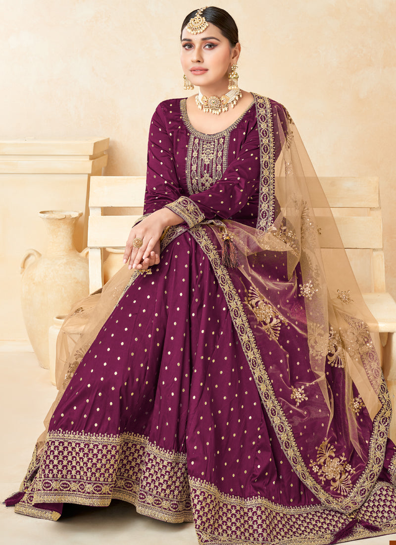 Vegaa Fashion Designer Wine Tafeta Silk Embroidery Anarkali Suit