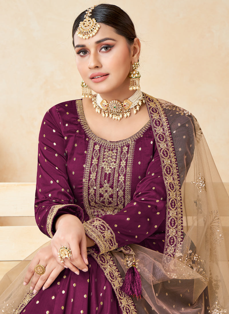 Vegaa Fashion Designer Wine Tafeta Silk Embroidery Anarkali Suit