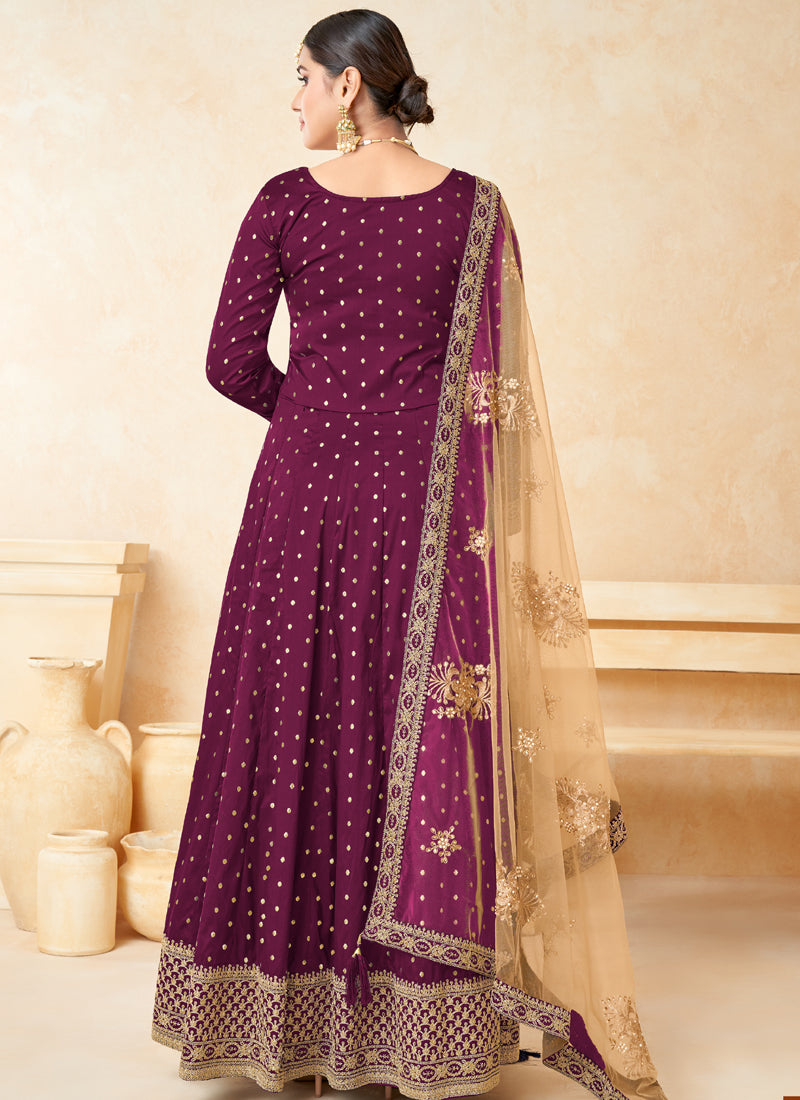 Vegaa Fashion Designer Wine Tafeta Silk Embroidery Anarkali Suit