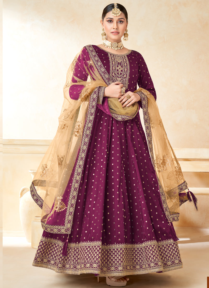 Vegaa Fashion Designer Wine Tafeta Silk Embroidery Anarkali Suit