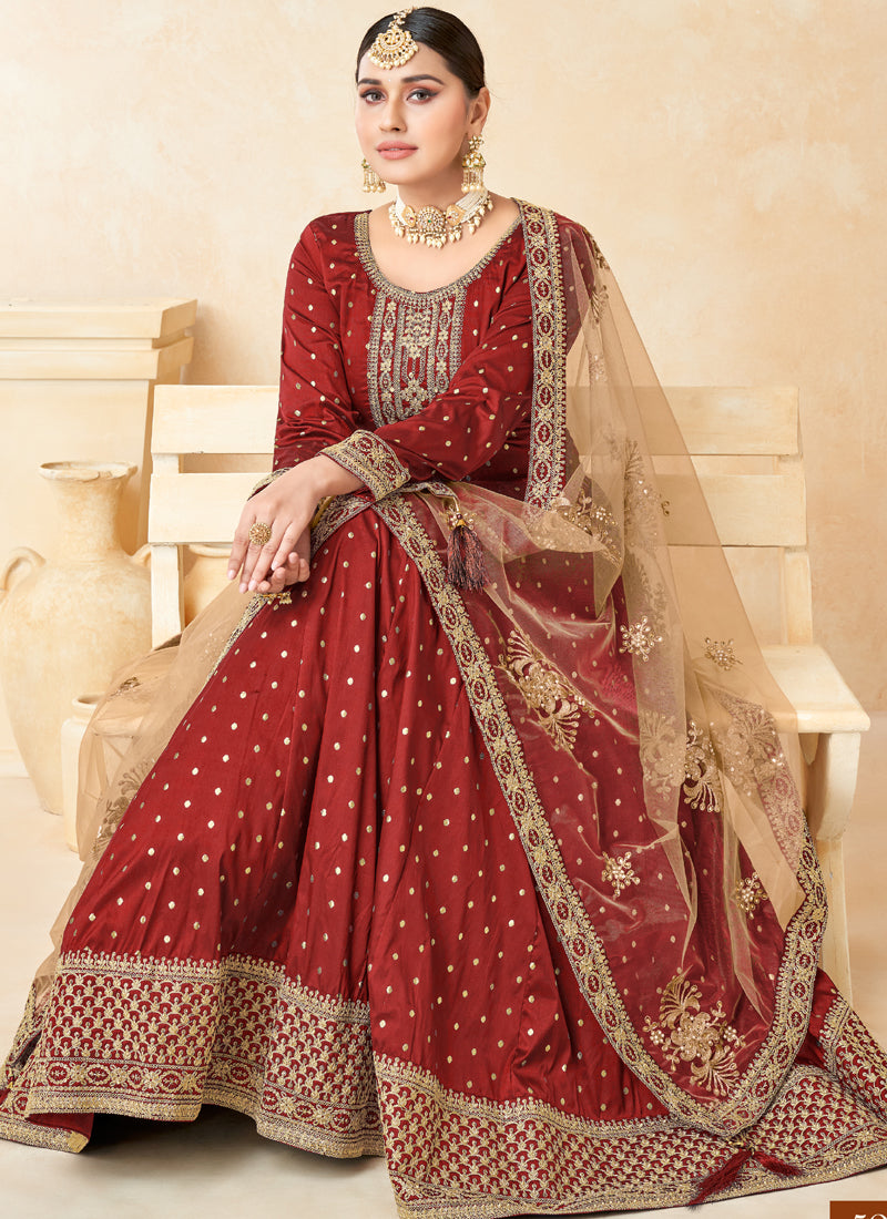 Vegaa Fashion Designer Red Tafeta Silk Embroidery Anarkali Suit - Distacart
