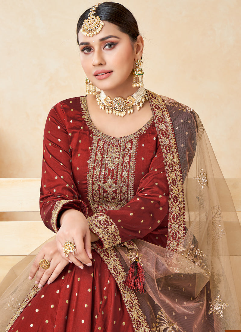 Vegaa Fashion Designer Red Tafeta Silk Embroidery Anarkali Suit - Distacart
