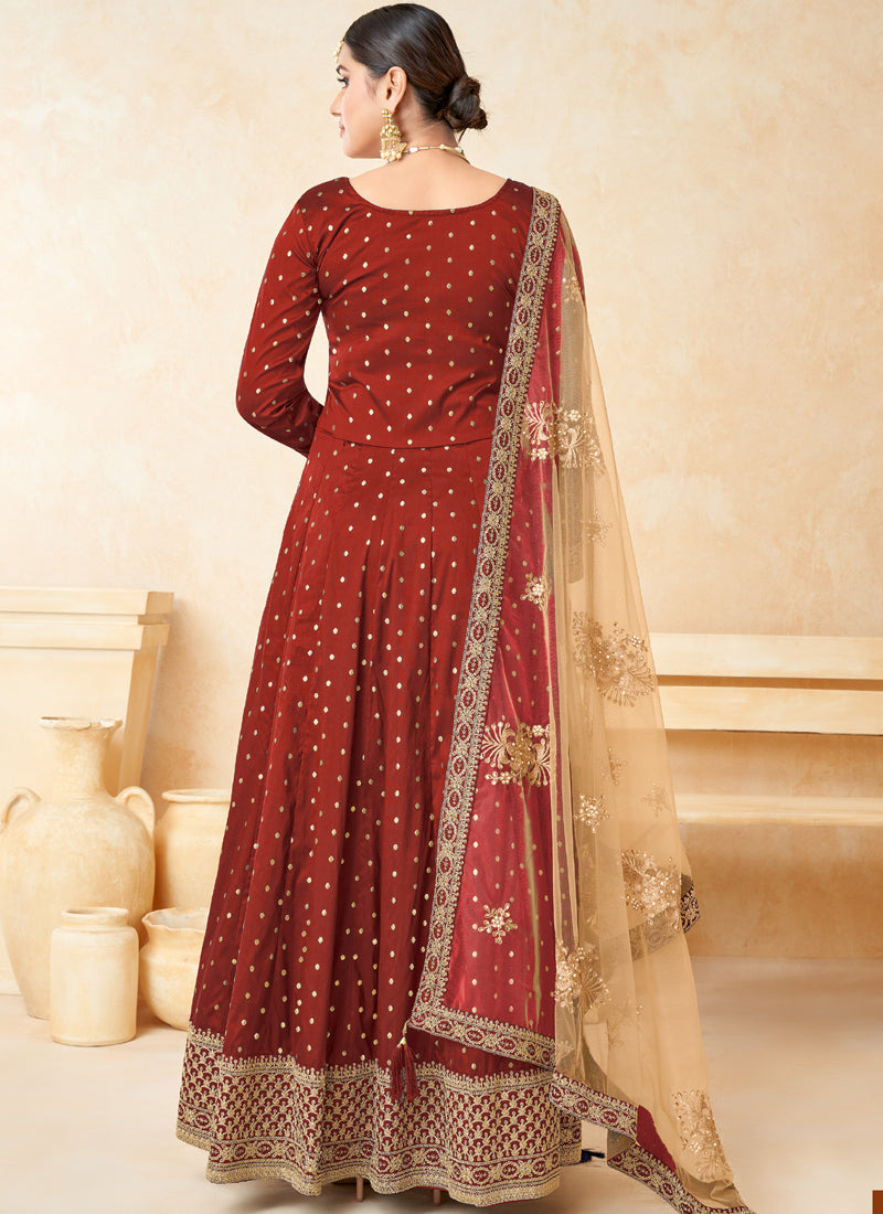 Vegaa Fashion Designer Red Tafeta Silk Embroidery Anarkali Suit - Distacart