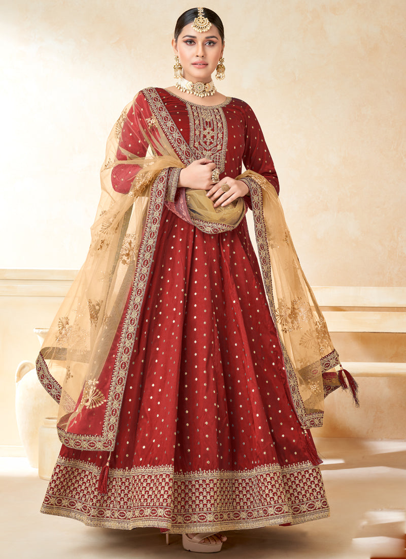 Vegaa Fashion Designer Red Tafeta Silk Embroidery Anarkali Suit - Distacart