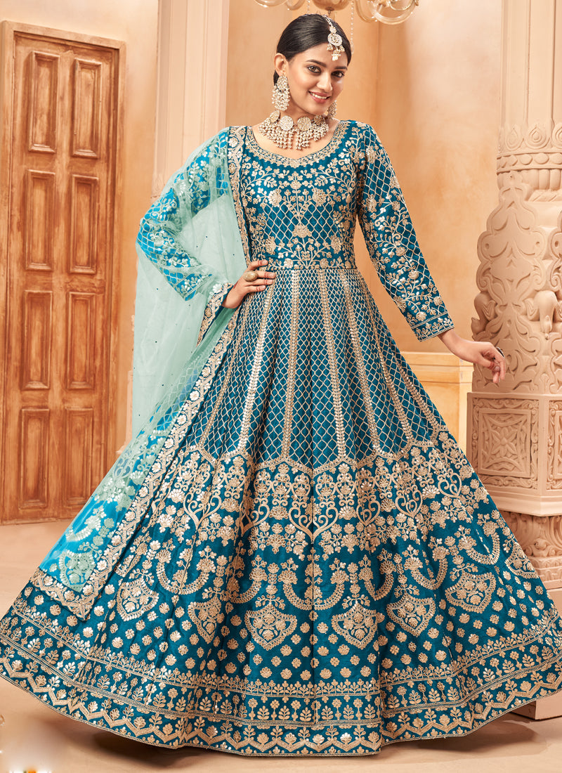 Vegaa Fashion Designer Turquoise Art Silk Embroidery Anarkali Suit