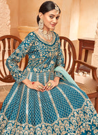 Vegaa Fashion Designer Turquoise Art Silk Embroidery Anarkali Suit