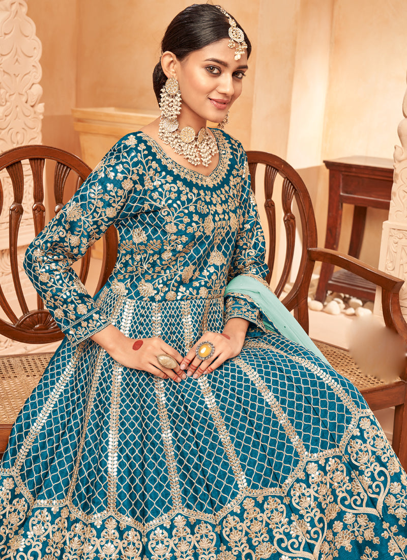 Vegaa Fashion Designer Turquoise Art Silk Embroidery Anarkali Suit