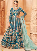 Vegaa Fashion Designer Turquoise Art Silk Embroidery Anarkali Suit